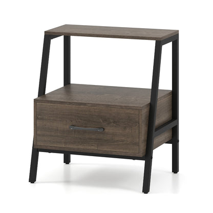 Farmhouse 3-Tier Nightstand with Drawer and Open Shelf for Living Room Bedroom-Grey