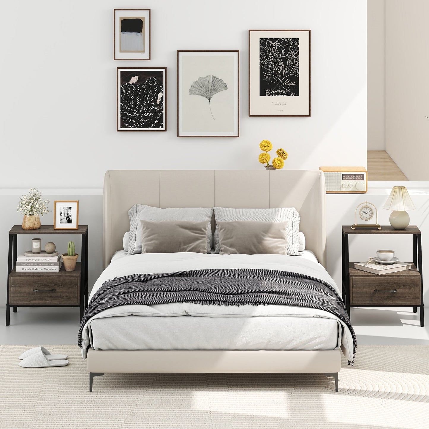 Farmhouse 3-Tier Nightstand with Drawer and Open Shelf for Living Room Bedroom-Grey