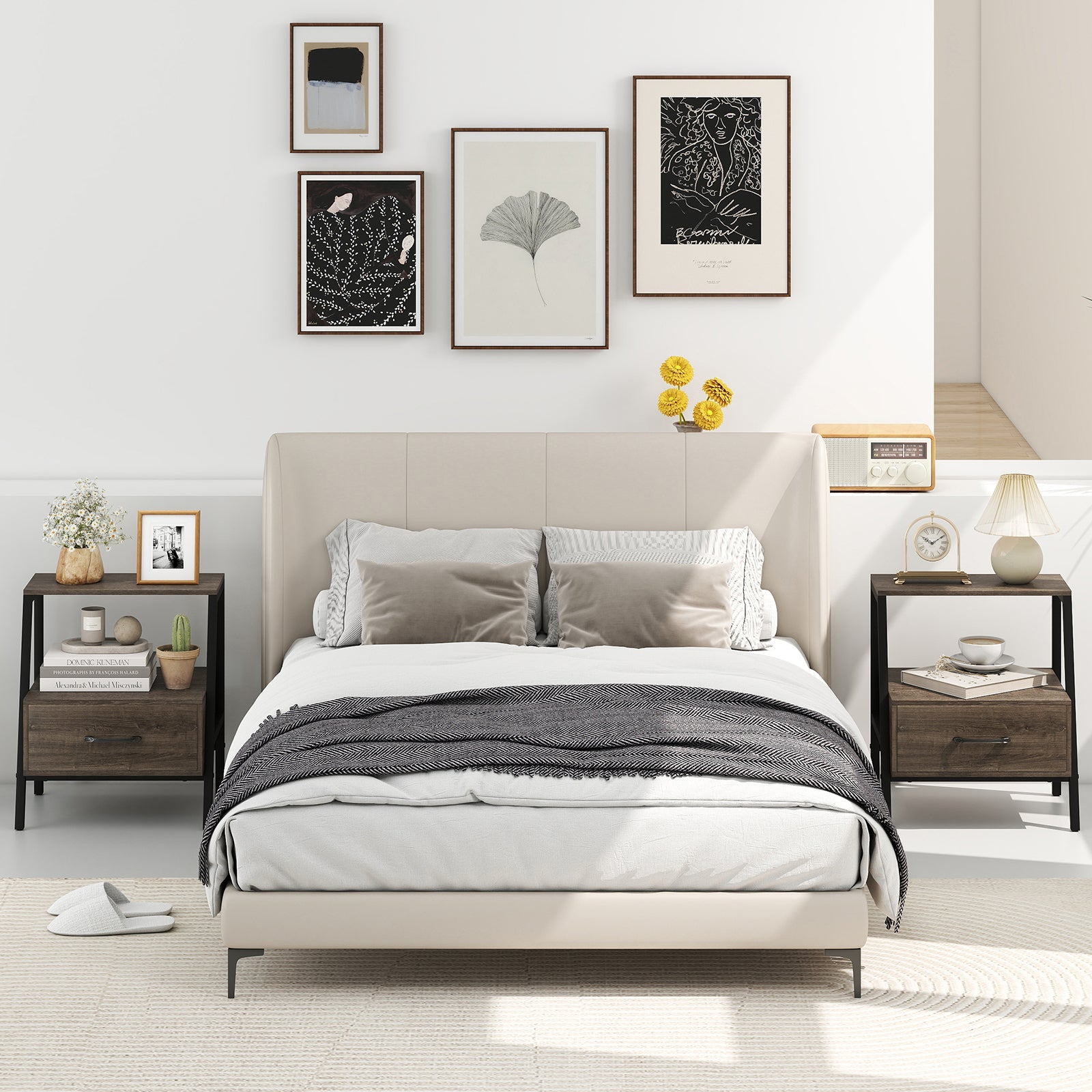 Farmhouse 3-Tier Nightstand with Drawer and Open Shelf for Living Room Bedroom-Grey