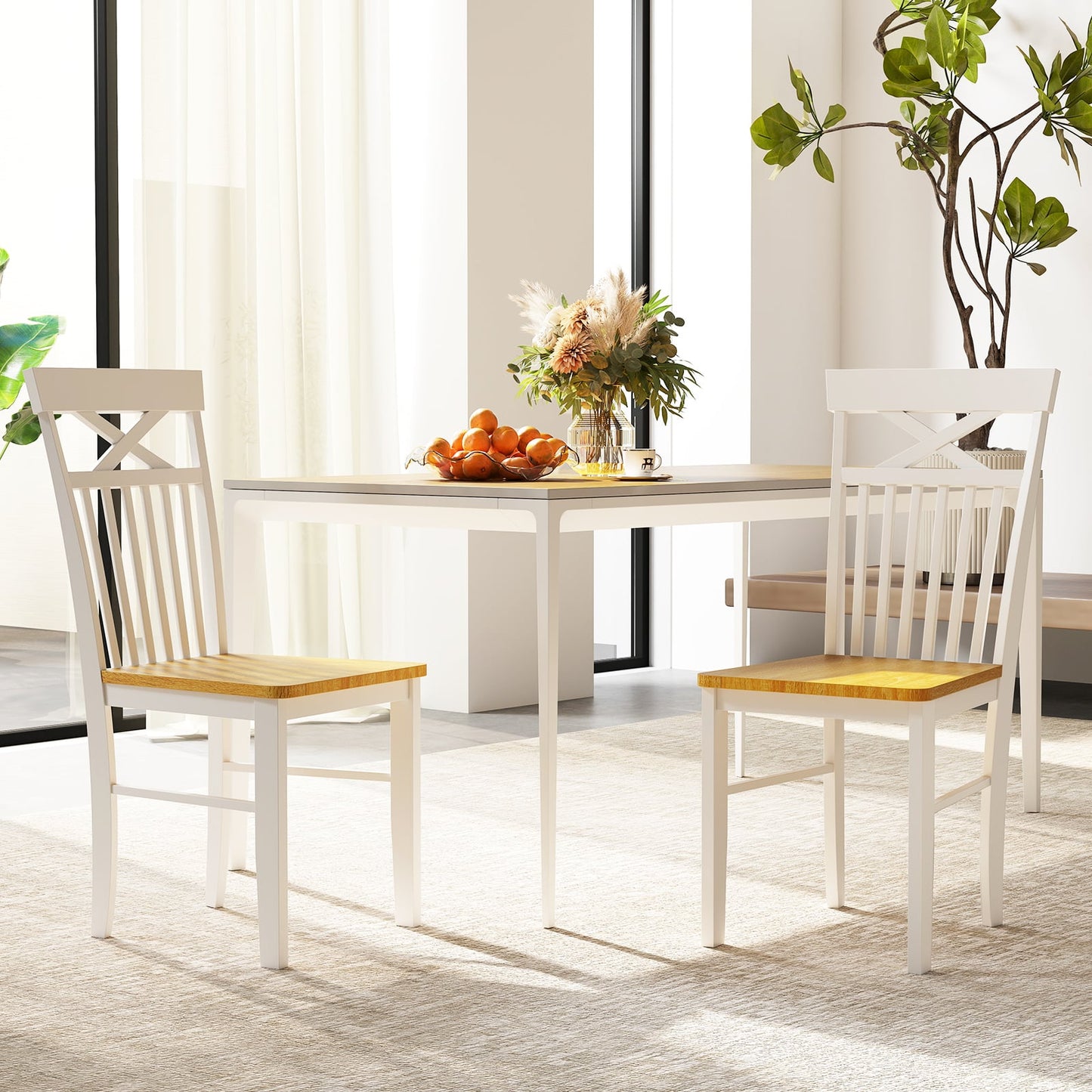 Farmhouse Dining Chair Set of 2 Wooden Kitchen Chair with Rubber Wood Frame-Natural