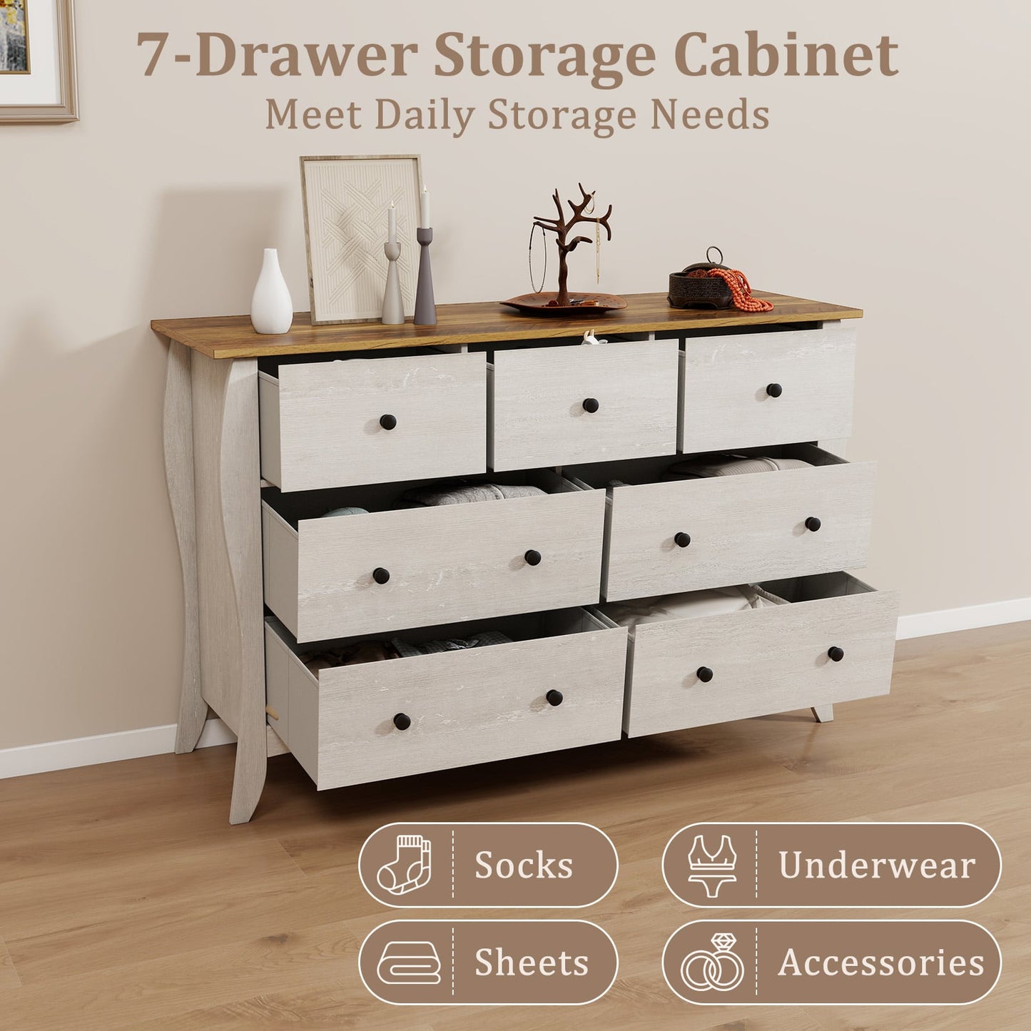 Farmhouse Dresser for Bedroom with 3 Folding Fabric Drawers-Grey