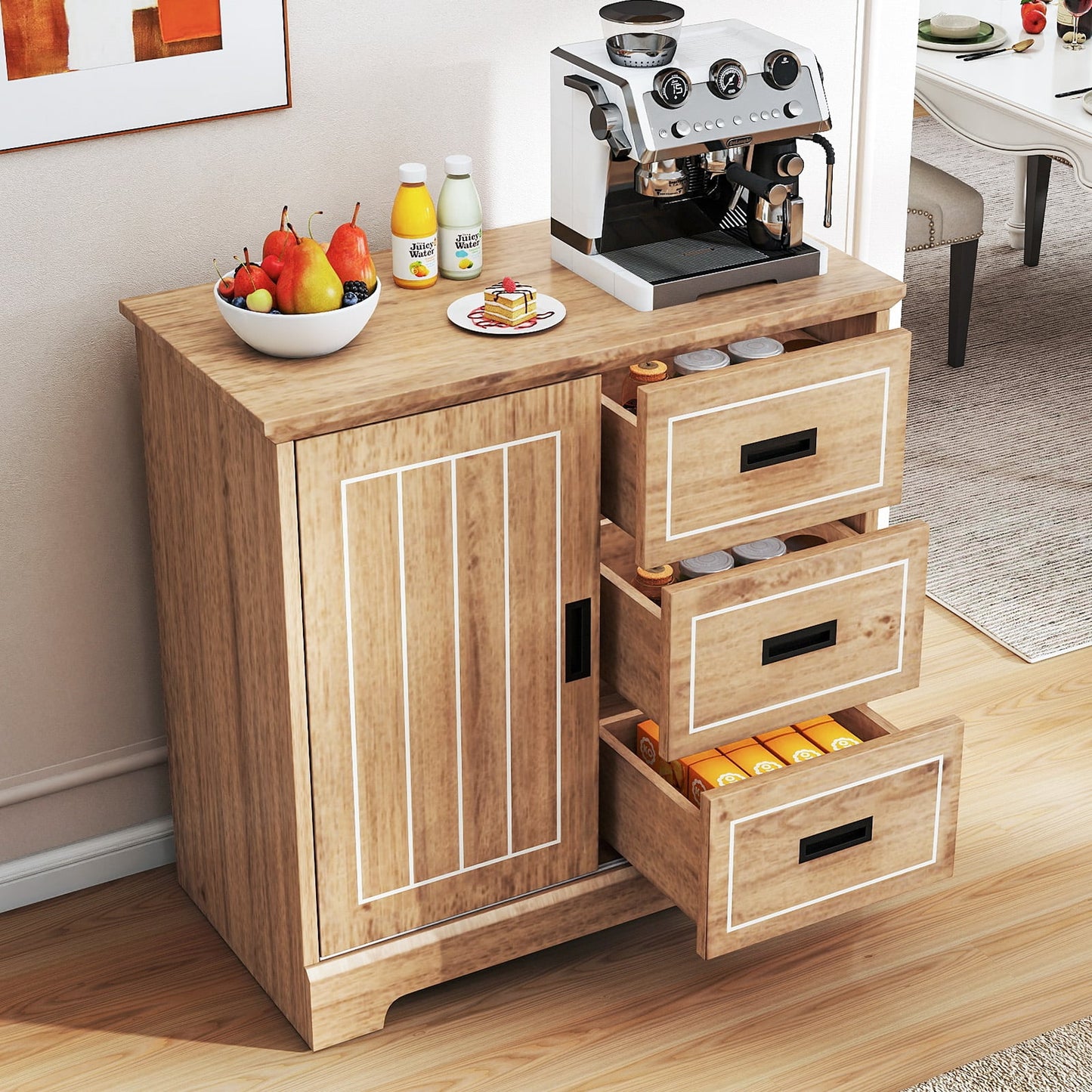 Farmhouse Sideboard Buffet Cabinet with Sliding Doors and 3 Drawers-Natural