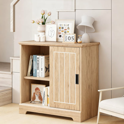 Farmhouse Sideboard Buffet Cabinet with Sliding Doors and 3 Drawers-Natural