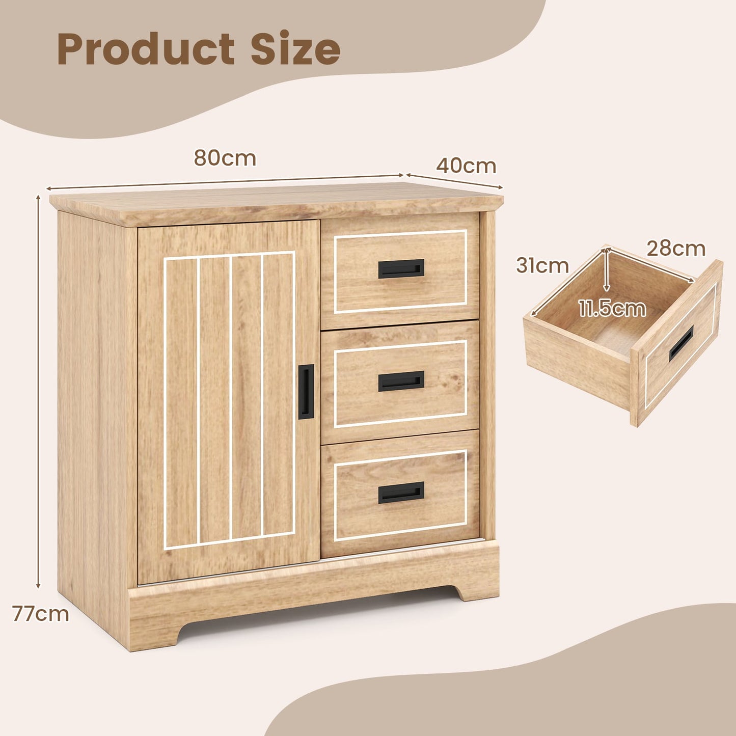 Farmhouse Sideboard Buffet Cabinet with Sliding Doors and 3 Drawers-Natural