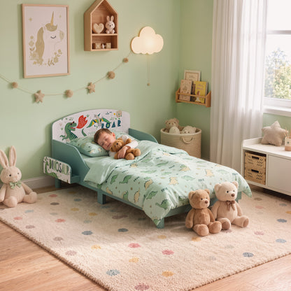 AIYAPLAY Toddler Bed with Bedside Storage and Guard Rails for 3-8, Fits 140 x 70 x 10cm Mattress, Green Dinosaur Print