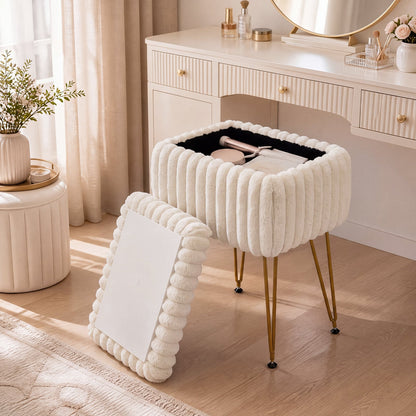 Faux Fur Ottoman with Metal Legs and 2-in-1 Design for Living Room Bedroom-Beige