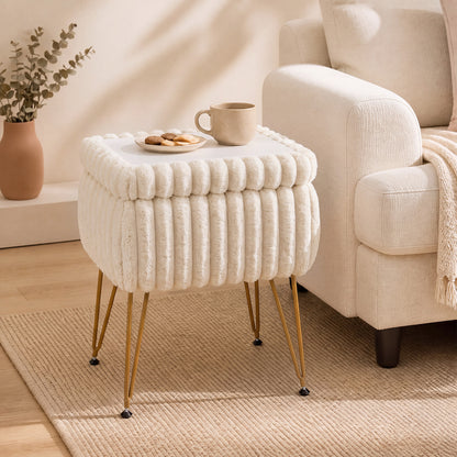 Faux Fur Ottoman with Metal Legs and 2-in-1 Design for Living Room Bedroom-Beige