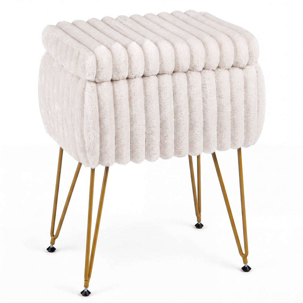 Faux Fur Ottoman with Metal Legs and 2-in-1 Design for Living Room Bedroom-Beige