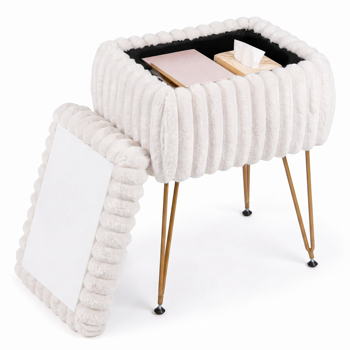 Faux Fur Ottoman with Metal Legs and 2-in-1 Design for Living Room Bedroom-Beige