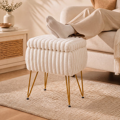 Faux Fur Ottoman with Metal Legs and 2-in-1 Design for Living Room Bedroom-Beige