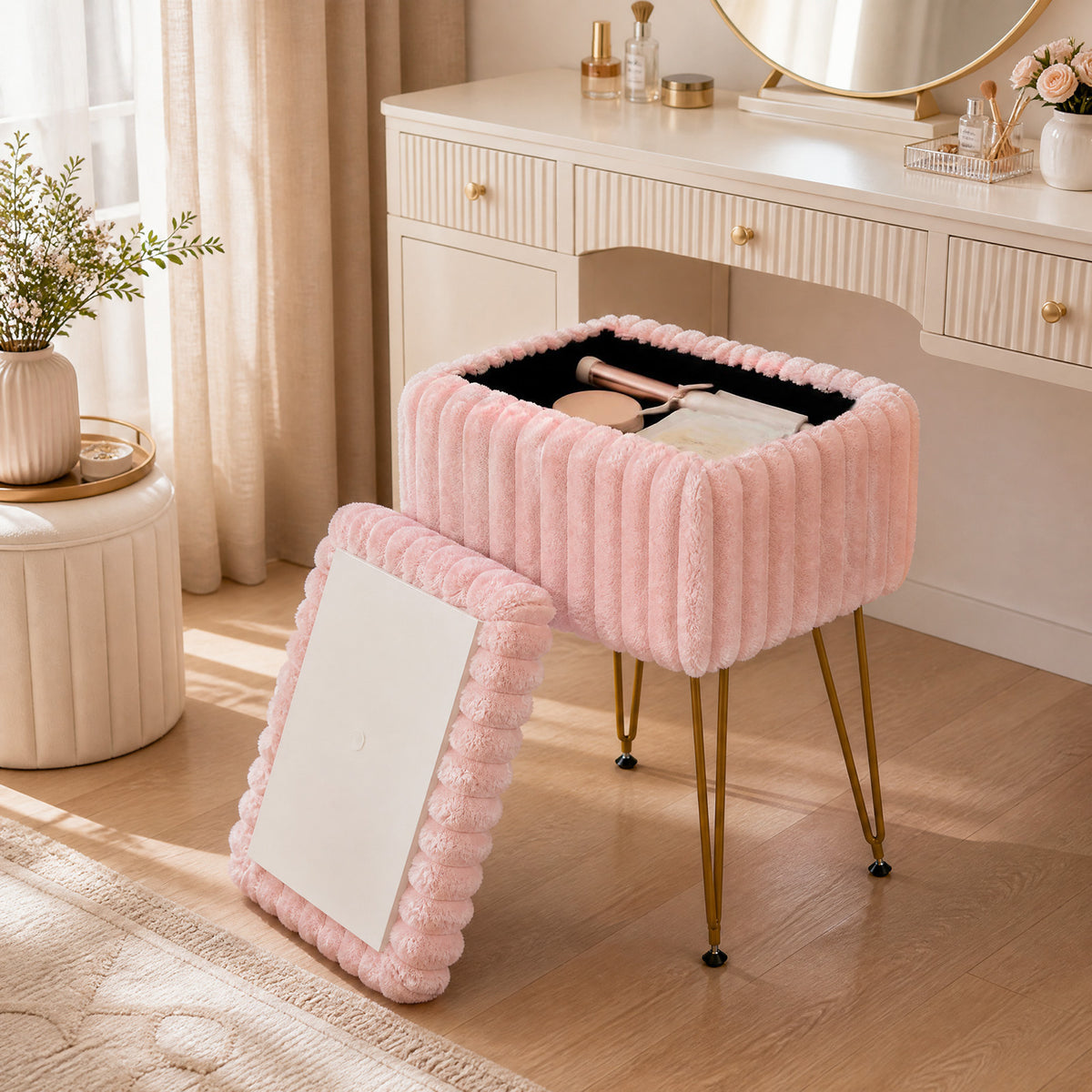 Faux Fur Ottoman with Metal Legs and 2-in-1 Design for Living Room Bedroom-Pink