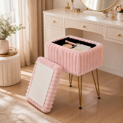 Faux Fur Ottoman with Metal Legs and 2-in-1 Design for Living Room Bedroom-Pink