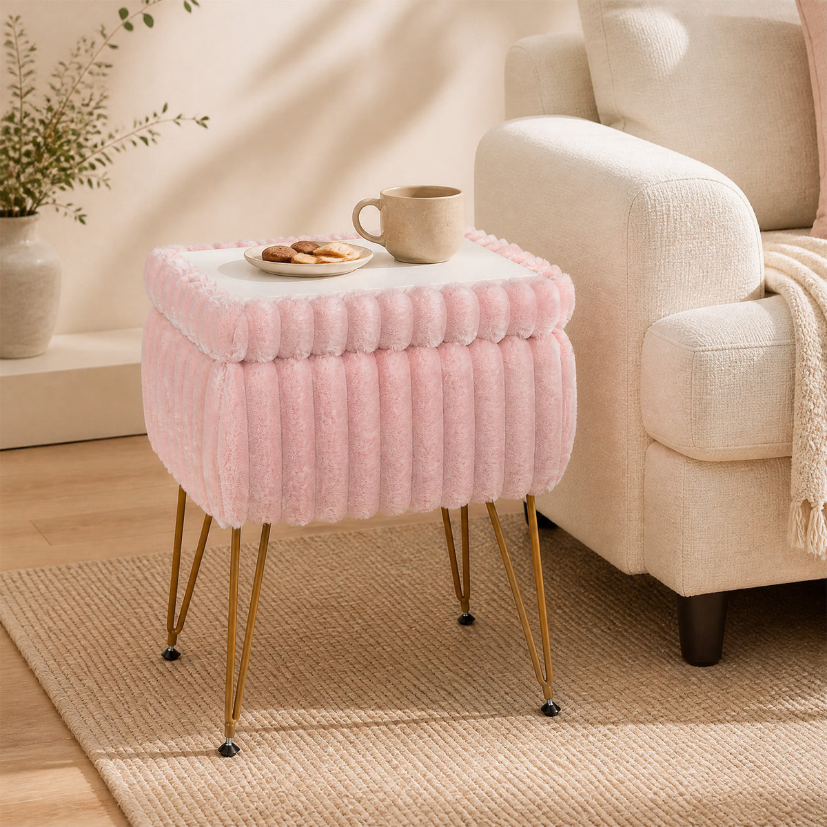 Faux Fur Ottoman with Metal Legs and 2-in-1 Design for Living Room Bedroom-Pink