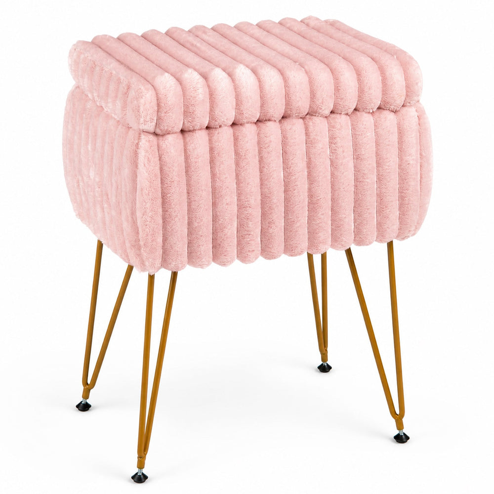 Faux Fur Ottoman with Metal Legs and 2-in-1 Design for Living Room Bedroom-Pink