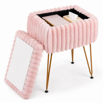 Faux Fur Ottoman with Metal Legs and 2-in-1 Design for Living Room Bedroom-Pink