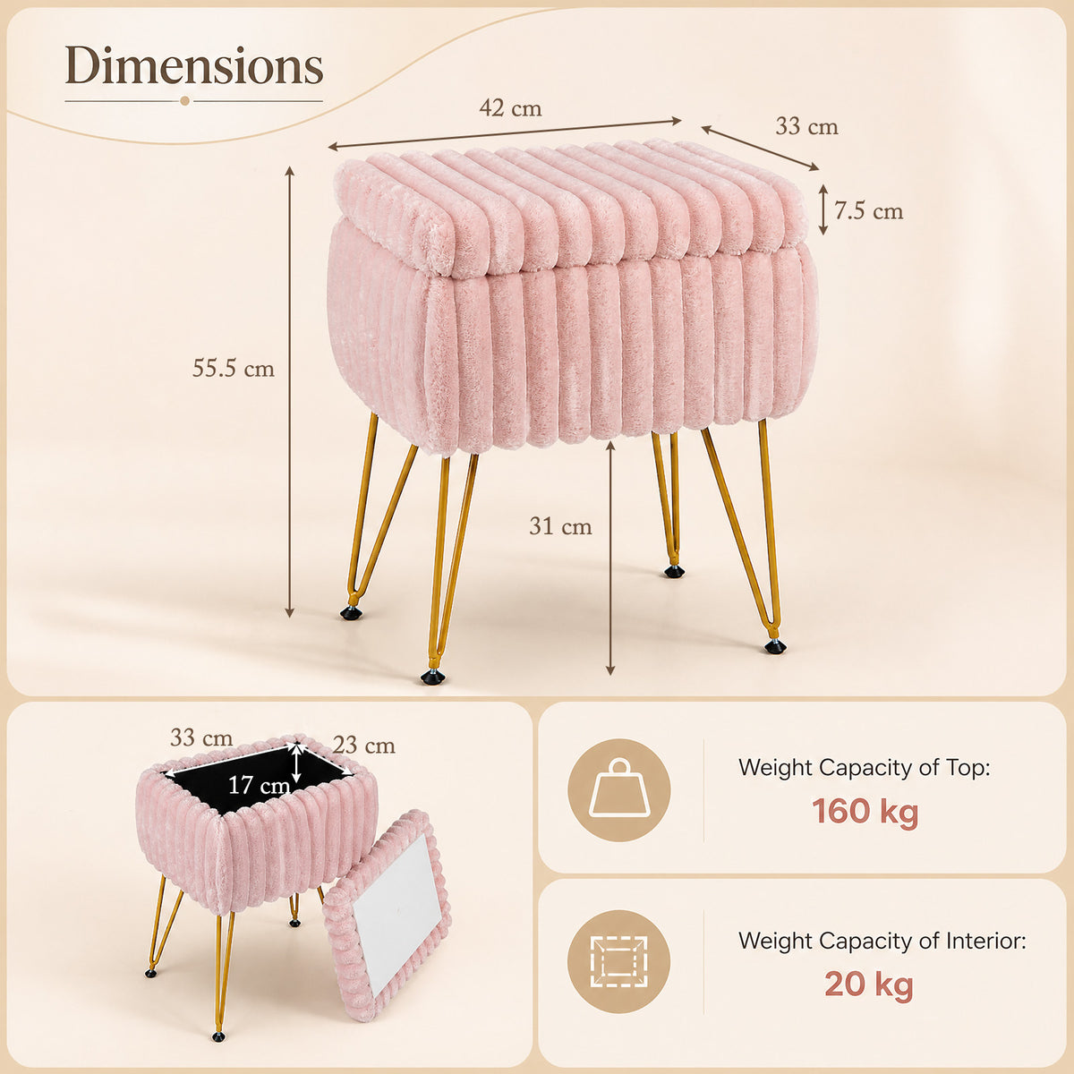 Faux Fur Ottoman with Metal Legs and 2-in-1 Design for Living Room Bedroom-Pink