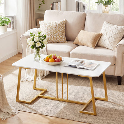 Faux Marble Rectangular Center Table with Heavy-Duty Metal frame-White