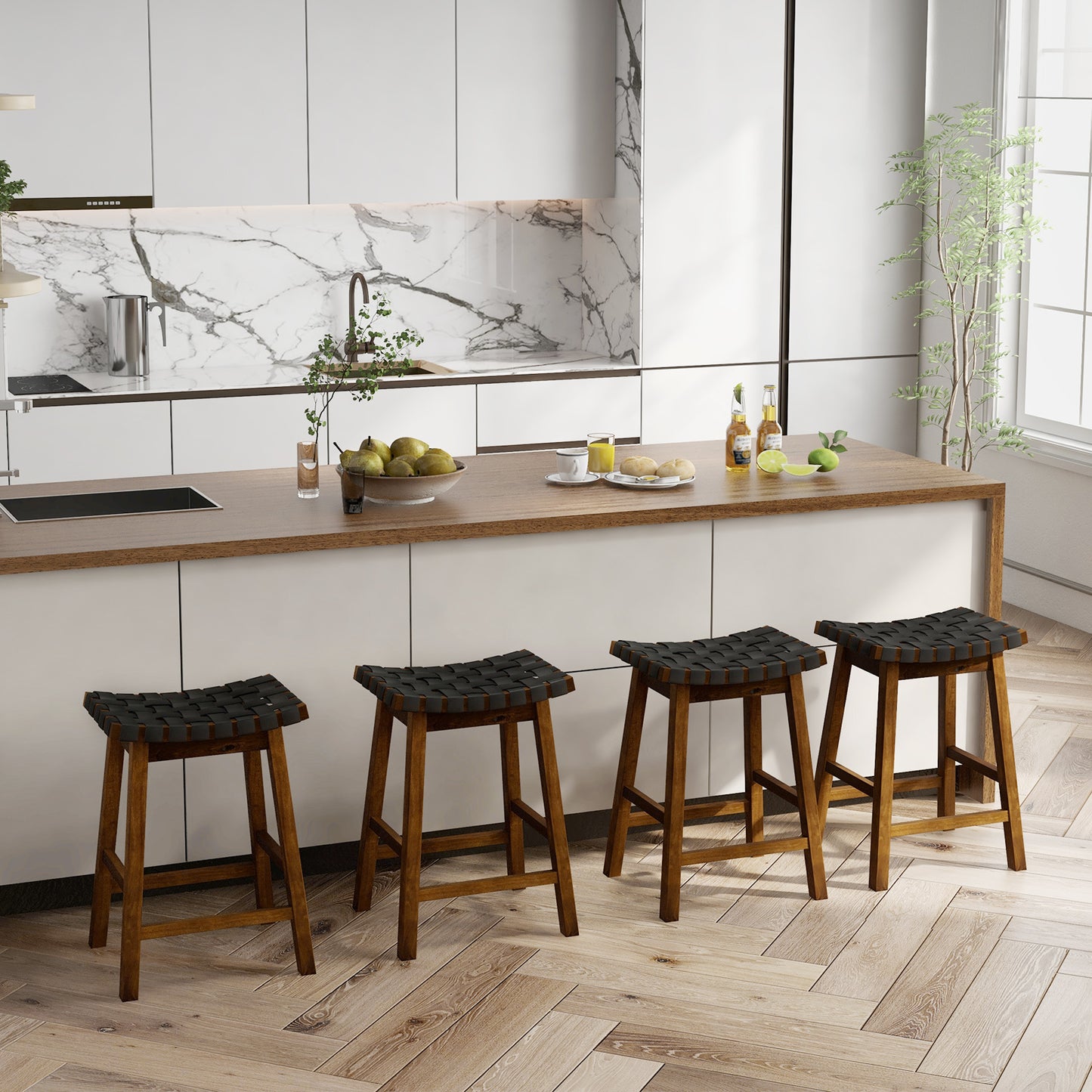 Faux PU Leather Counter Height Stools Set of 4 with Woven Curved Seat-Black and Brown