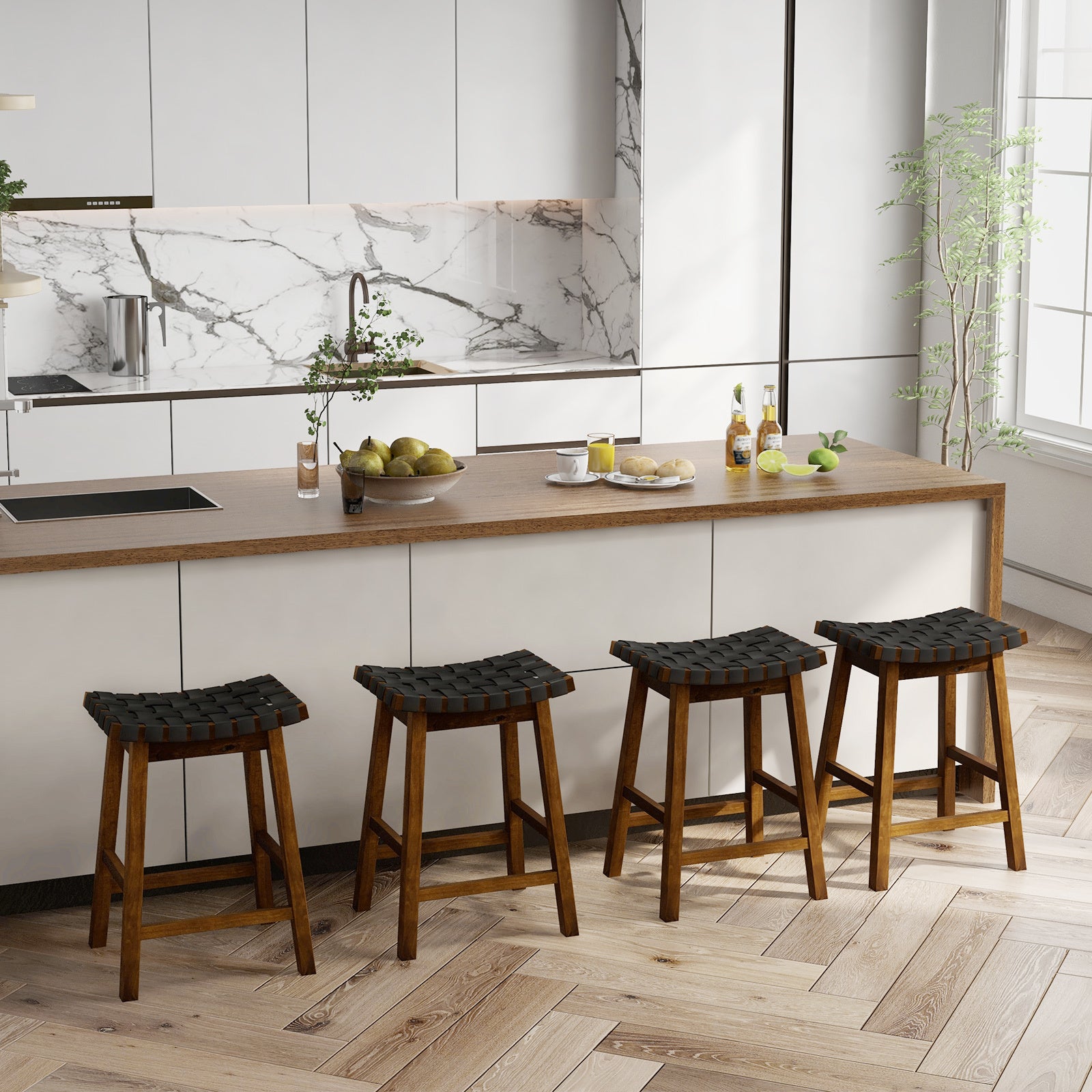 Faux PU Leather Counter Height Stools Set of 4 with Woven Curved Seat-Black and Brown