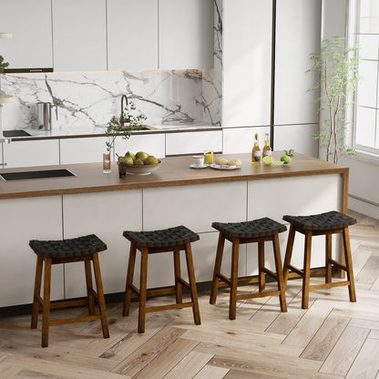 Faux PU Leather Counter Height Stools Set of 4 with Woven Curved Seat-Black and Brown