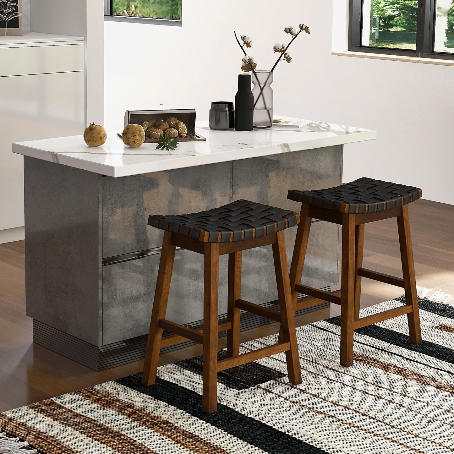 Faux PU Leather Counter Height Stools Set of 4 with Woven Curved Seat-Black and Brown