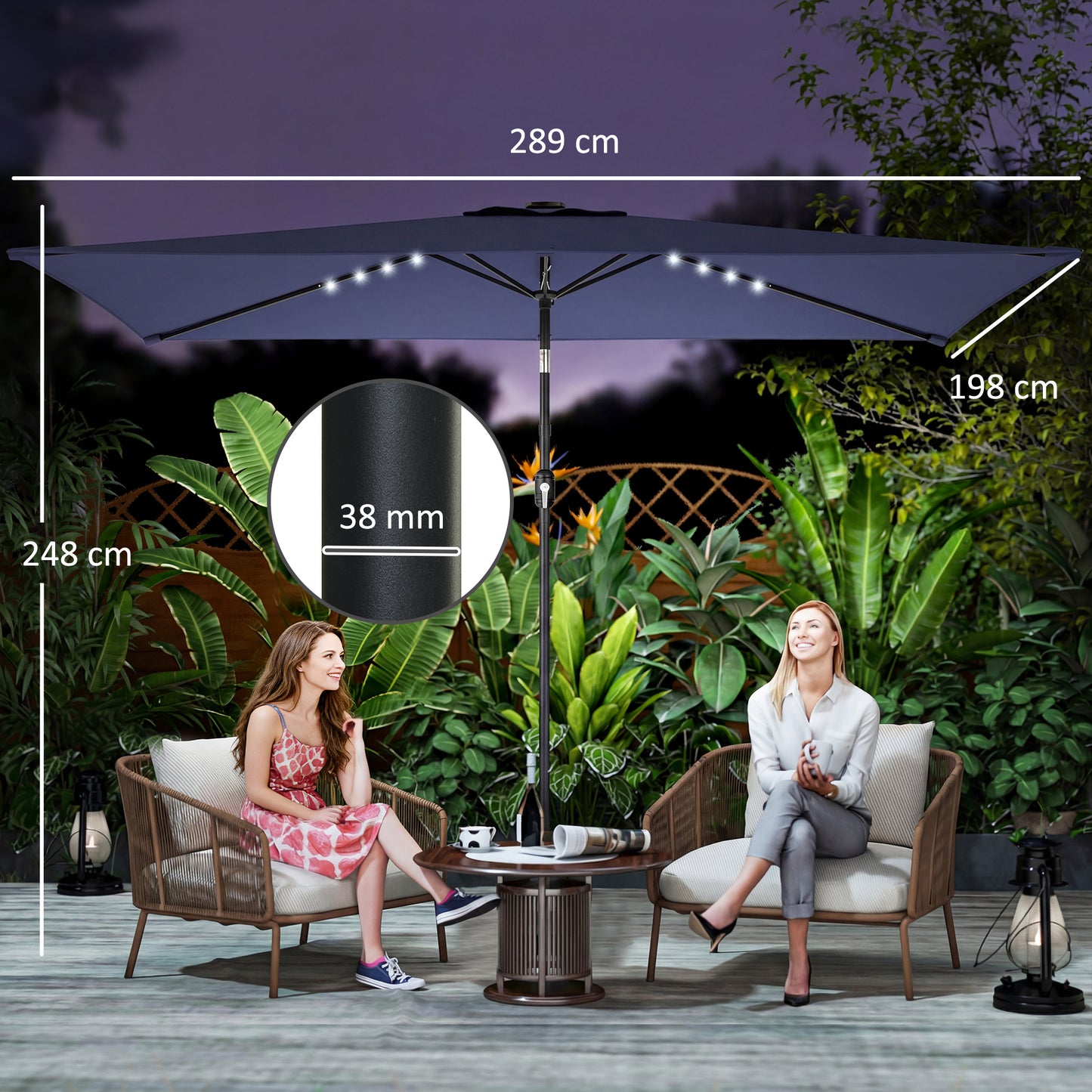 Outsunny 3 x 2 m Garden Parasol Umbrella with LED Solar Light, Parasol Cover, Outdoor Market Patio Umbrella, Navy Blue
