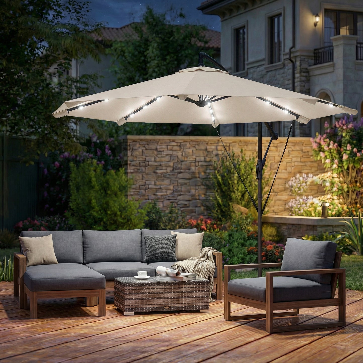 Outsunny 3 m Cantilever Parasol with Solar LED Lights Garden Umbrella with Cross Base, Cream White