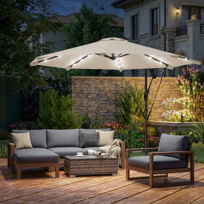 Outsunny 3 m Cantilever Parasol with Solar LED Lights Garden Umbrella with Cross Base, Cream White