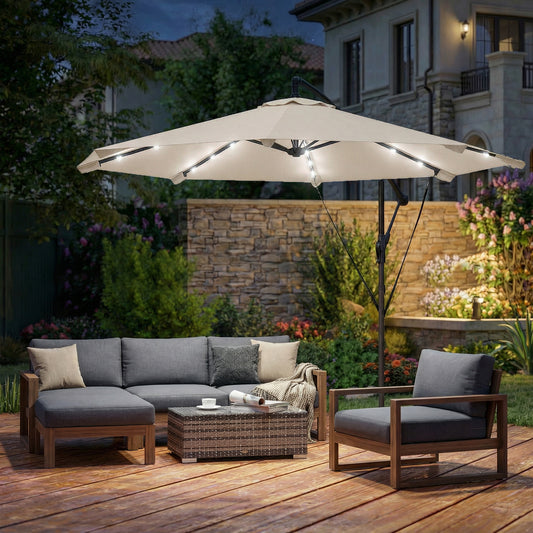 Outsunny 3 m Cantilever Parasol with Solar LED Lights Garden Umbrella with Cross Base, Cream White
