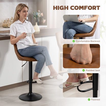 HOMCOM Bar Stools Set of 2, PU Leather Swivel Barstools with Backrest and Footrest for Kitchen, Counter, Breakfast Bar, Brown