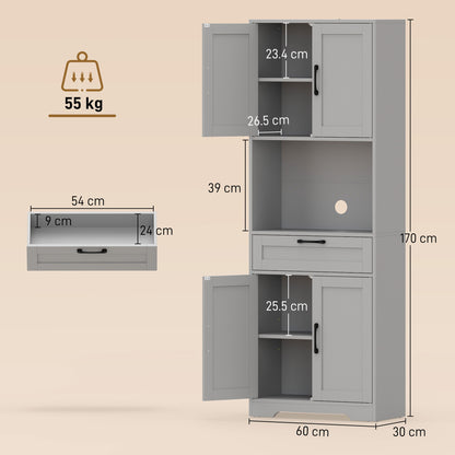 HOMCOM 170 cm Tall Kitchen Pantry with Adjustable Shelves, Freestanding Storage Cabinet with Open Shelf, Grey