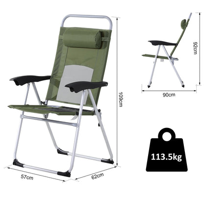 Outsunny Folding Camping Chair, Patio Armchair, 3-Position Adjustable Recliner Reclining Seat with Pillow for Outdoor Garden - Green