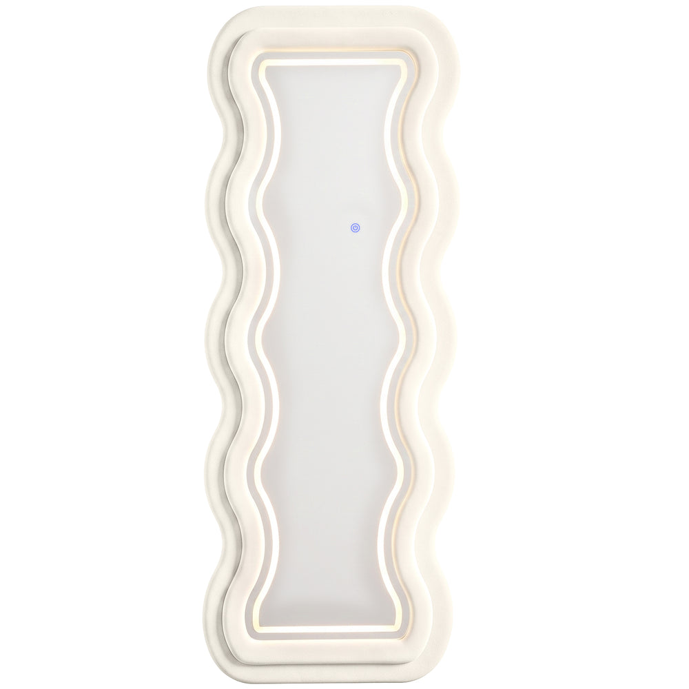 HOMCOM Full Length Mirror, 160 x 60 cm Wavy Full Body Wall Standing Mirror with Velvet Frame and LED Light Strip, Cream White