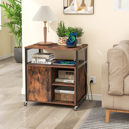 File Cabinet on Wheels with Charging Station and Cable Management Hole-Coffee
