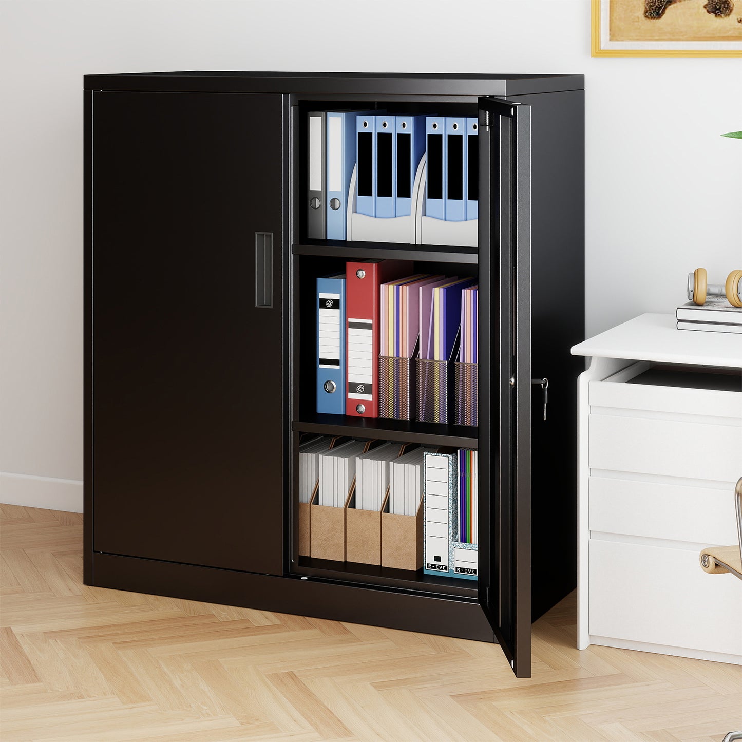File Pantry Cabinet Steel Storage Organizer with 2 Lockable Doors-Black
