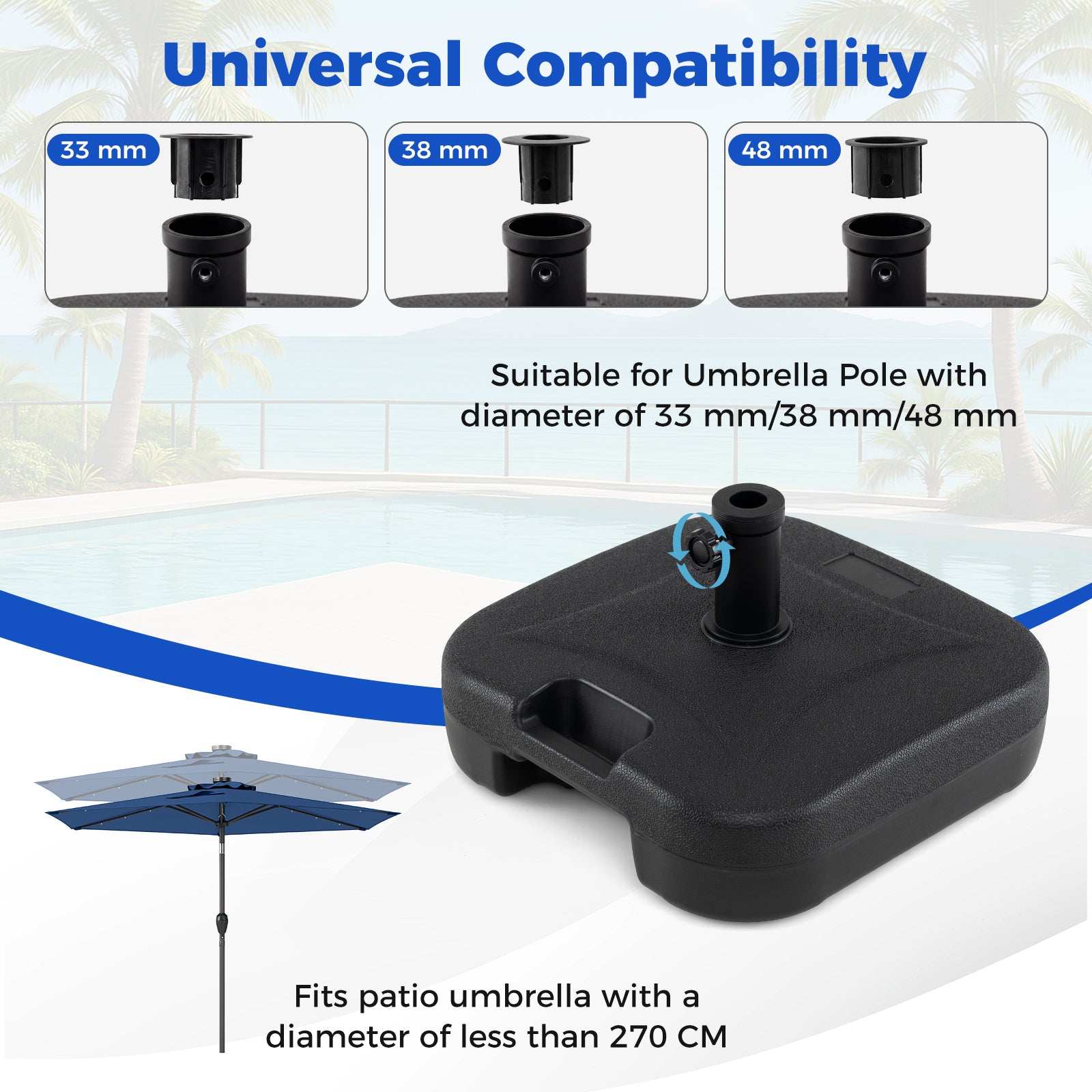 Fillable Square Patio Umbrella Base Heavy-Duty Stand with 3 Couplers-Black