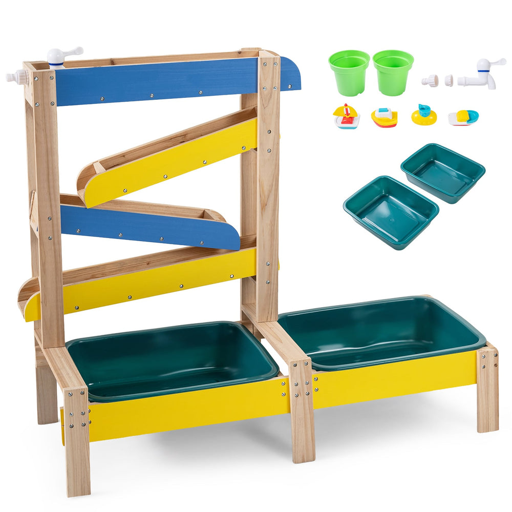 Fir Wood Montessori Sensory Play Activity Table with 2 Water Basin and Submarine Toys for Boys and Girls 3+-Multicolor