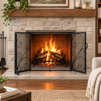 Fireplace Set with Outdoor Fireplace Grate and Double Door Fireplace Screen Flat Fire Guard