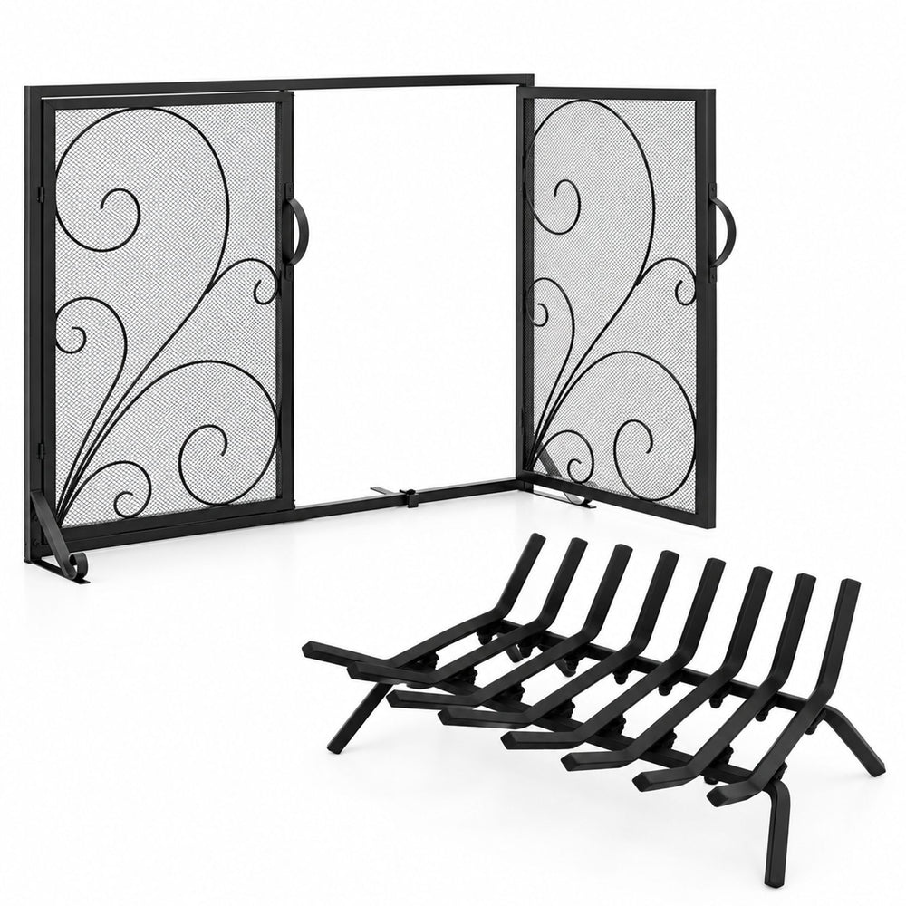 Fireplace Set with Outdoor Fireplace Grate and Double Door Fireplace Screen Flat Fire Guard