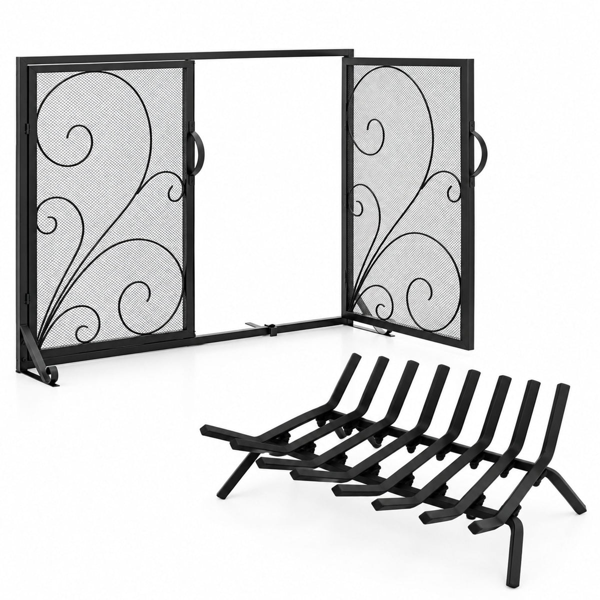 Fireplace Set with Outdoor Fireplace Grate and Double Door Fireplace Screen Flat Fire Guard