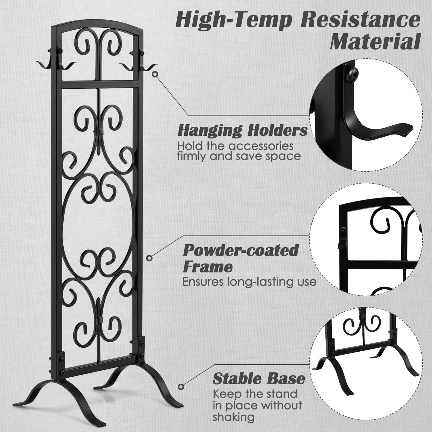 5-Piece Fireplace Tool Set with Tong, Brush, Shovel, Poker, Stand