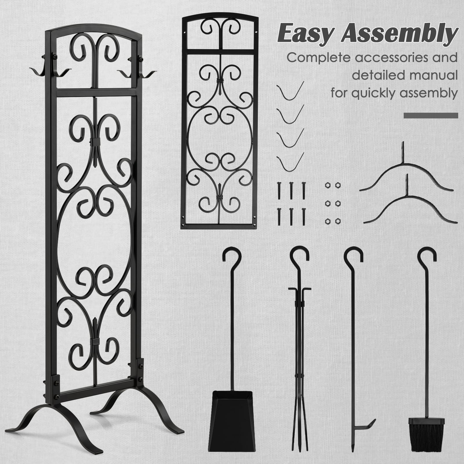 5-Piece Fireplace Tool Set with Tong, Brush, Shovel, Poker, Stand