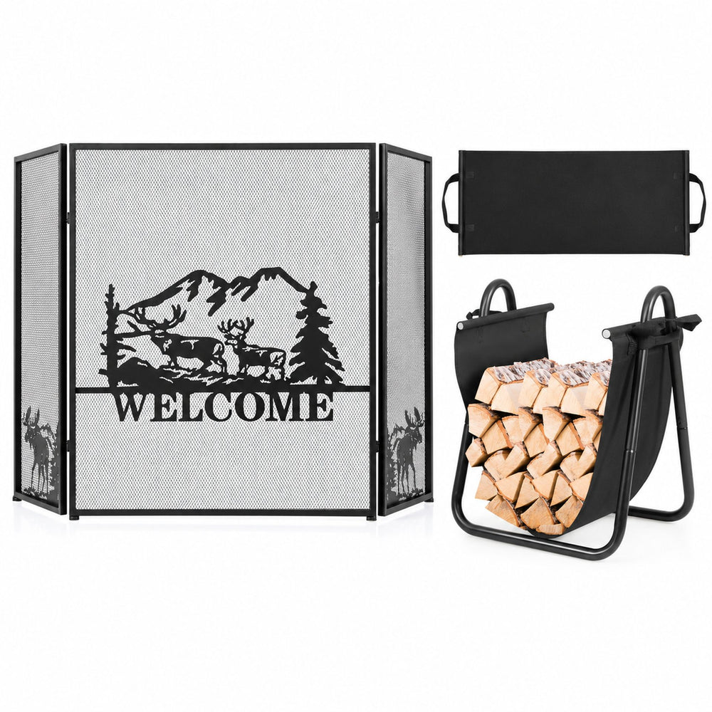 Firewood Rack with Canvas Carrier and 3-Panel Fireplace Screen
