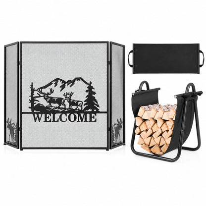Firewood Rack with Canvas Carrier and 3-Panel Fireplace Screen