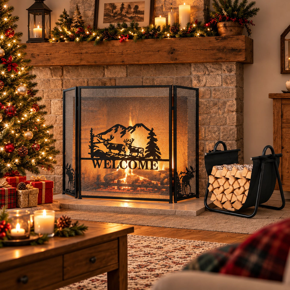 Firewood Rack with Canvas Carrier and 3-Panel Fireplace Screen