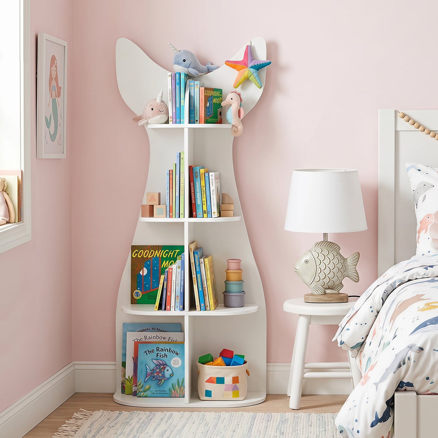 Fish-Shaped Kids Bookshelf with Open Shelves for Playroom-White