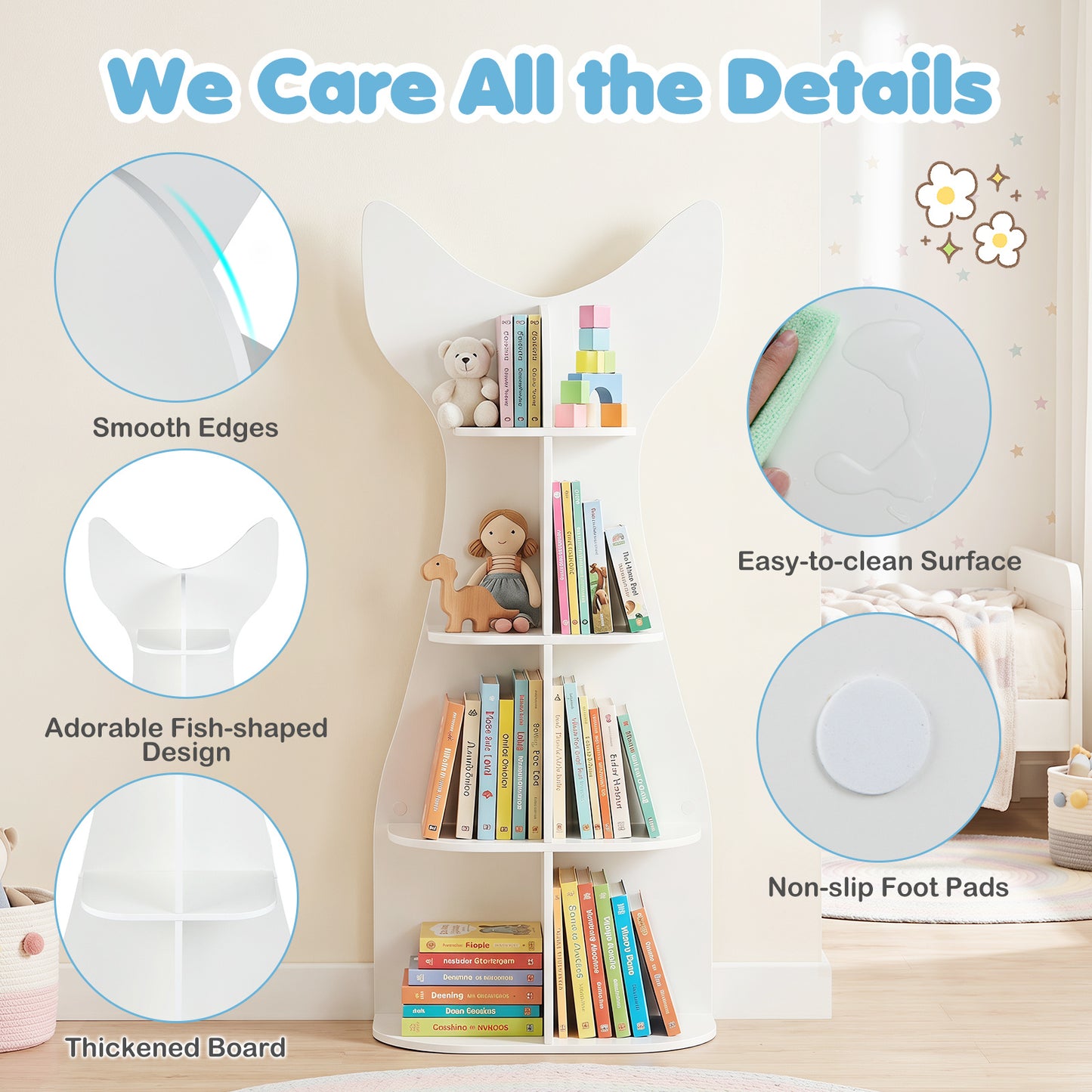 Fish-Shaped Kids Bookshelf with Open Shelves for Playroom-White