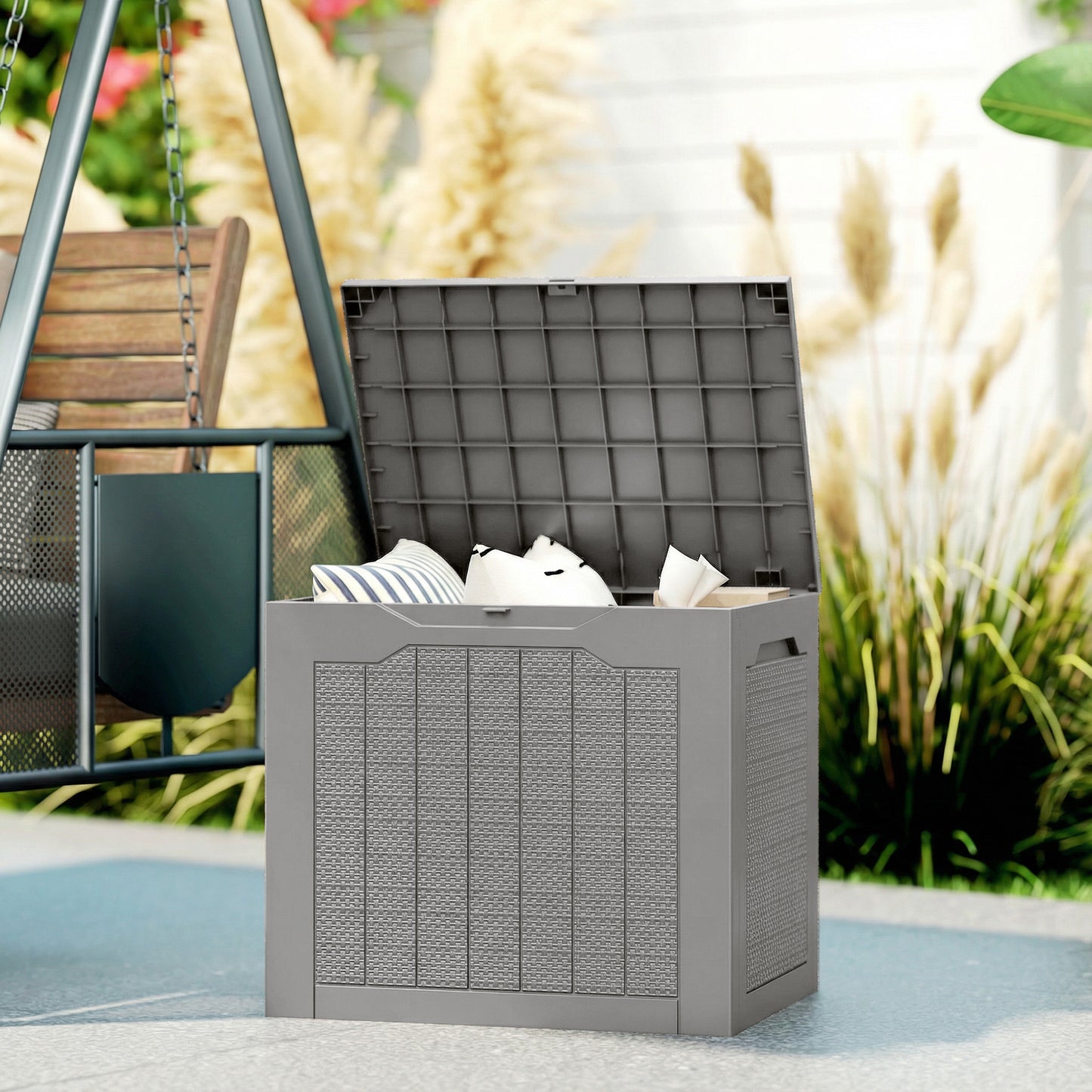 Outsunny 93L Plastic Garden Storage Box, Outdoor Storage Box with Handles, Waterproof Outdoor Storage Container, Khaki