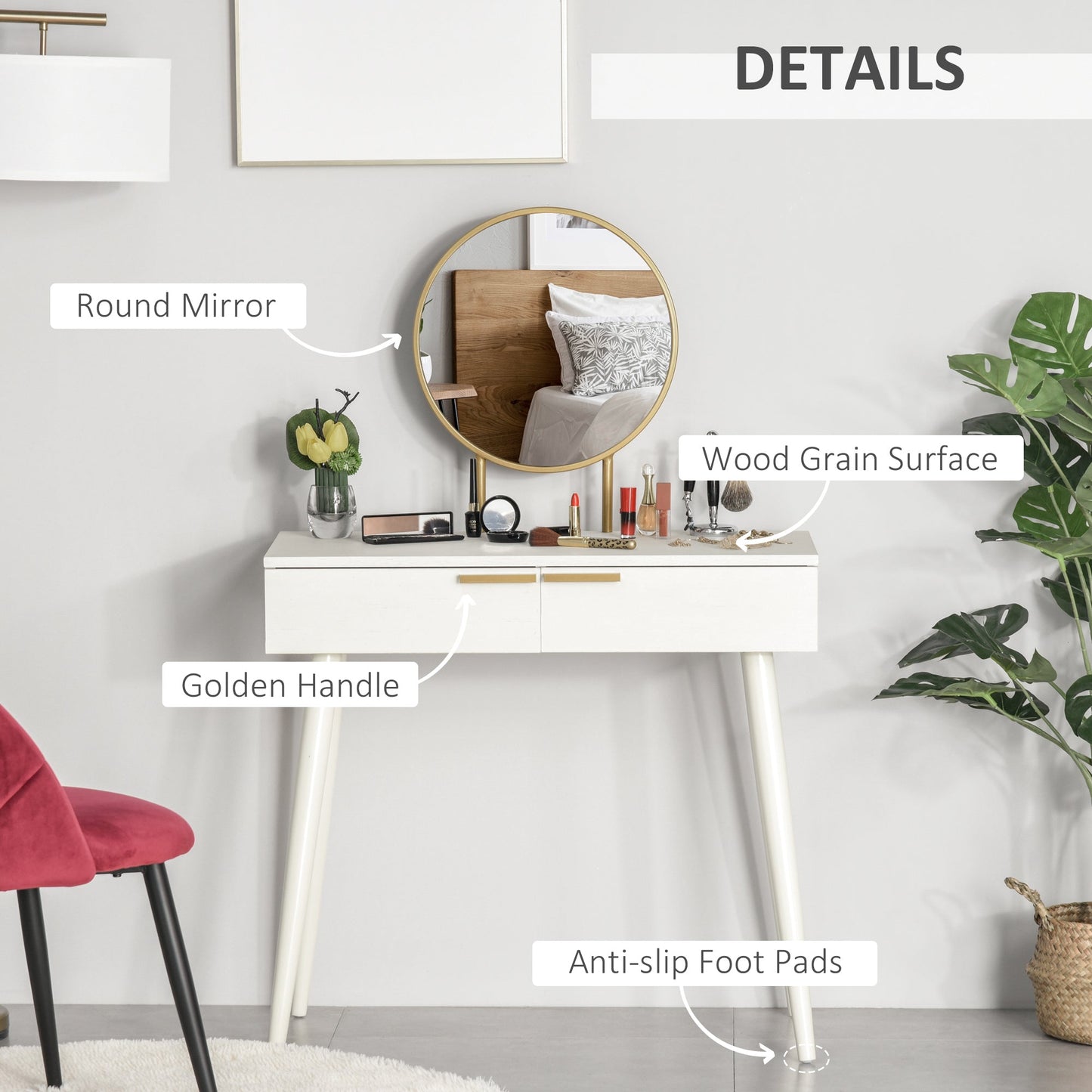 HOMCOM Elegant Dressing Table, with Round Mirror, 80 x 40 x 123 cm - White