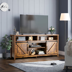 Sliding Barn Door Farmhouse Flat Screen Console for 65 Inch TVs-Rustic Brown